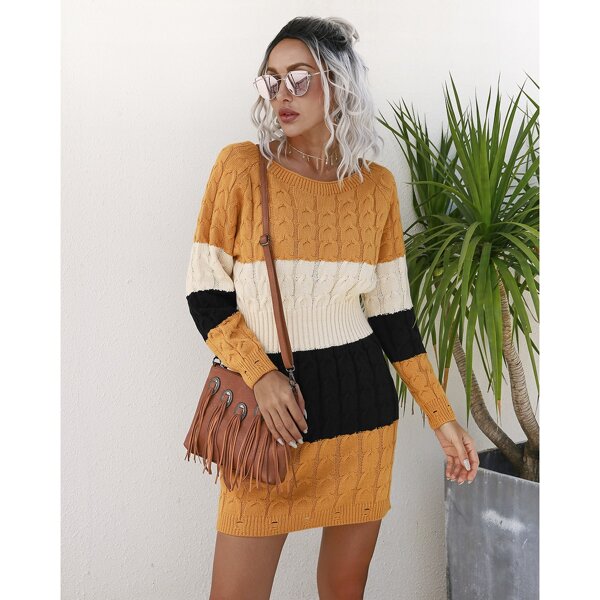 

Платье-свитер контрастный с рукавом-реглан вязаный, Многоцветный