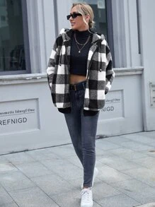 Chiquease 格子圖案拉鍊開襟連帽泰迪夾克 - 黑與白 - 查看 1