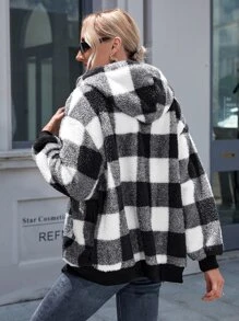 Chiquease 格子圖案拉鍊開襟連帽泰迪夾克 - 黑與白 - 查看 2