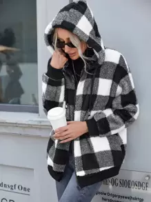 Chiquease 格子圖案拉鍊開襟連帽泰迪夾克 - 黑與白 - 查看 5