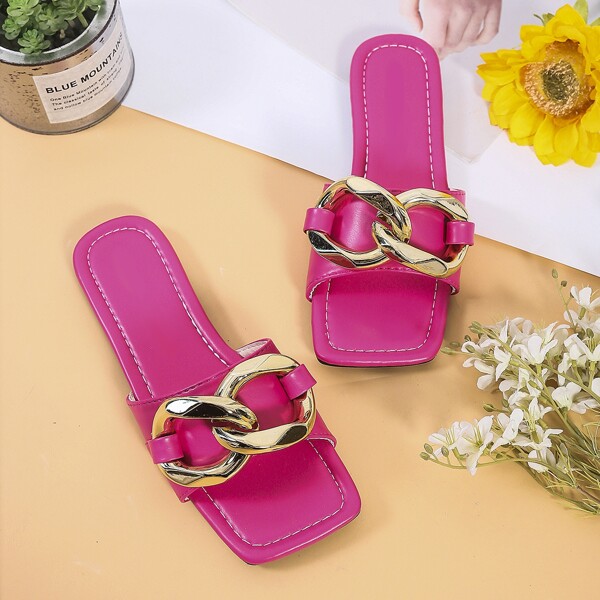 

Chain Decor Slide Sandals, Hot pink