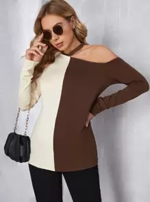 SHEIN Maternity Two Tone Cut Out Shoulder Tee - Multicolor - View 1