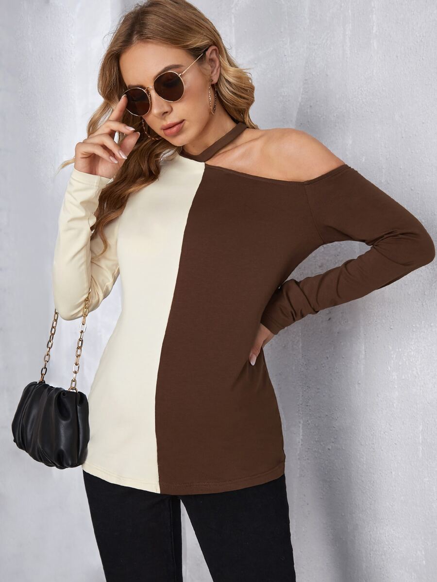 SHEIN Maternity Two Tone Cut Out Shoulder Tee - Multicolor - View 1