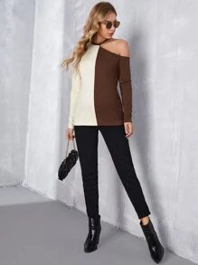 SHEIN Maternity Two Tone Cut Out Shoulder Tee - Multicolor - View 3