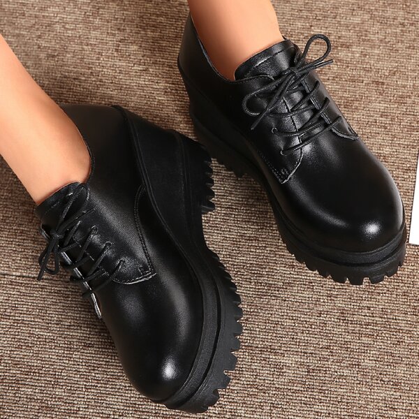 

Minimalist Lace Up Front Leather Wedge Oxfords, Black