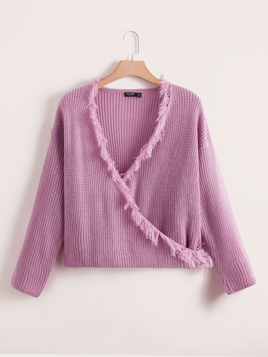 SHEIN Unity Plus Drop Shoulder Fringe Wrap Jumper - Lilac Purple - View 1