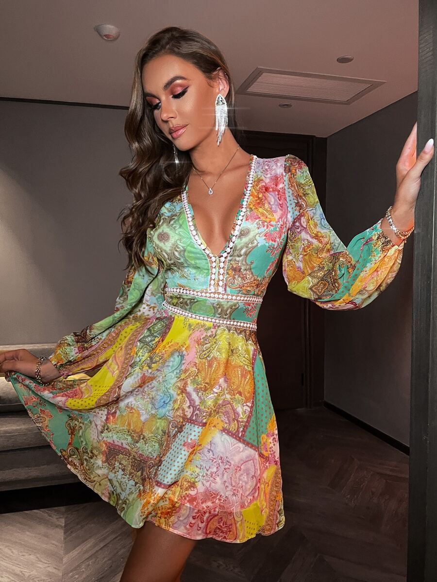 GENKIRA 花和佩斯利圖案水溶蕾絲拼接深V領連衣裙 - 彩色 - 查看 1