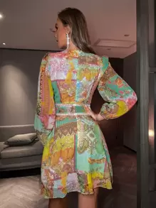 GENKIRA 花和佩斯利圖案水溶蕾絲拼接深V領連衣裙 - 彩色 - 查看 2