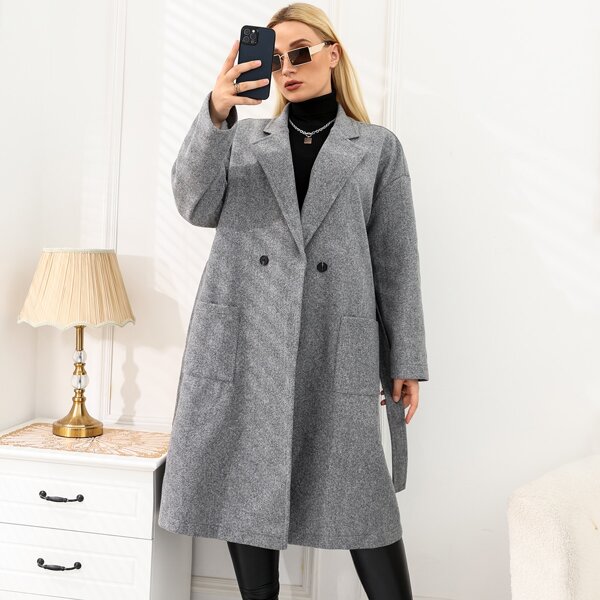 

Plus Double Button Lapel Collar Dual Pockets Belted Overcoat, Grey