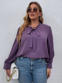 SHEIN LUNE 大碼繫帶領泡泡袖襯衫 - 淡紫色 - 查看 3
