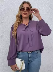 SHEIN LUNE 大碼繫帶領泡泡袖襯衫 - 淡紫色 - 查看 4