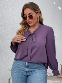 SHEIN LUNE 大碼繫帶領泡泡袖襯衫 - 淡紫色 - 查看 5