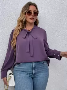 SHEIN LUNE 大碼繫帶領泡泡袖襯衫 - 淡紫色 - 查看 6