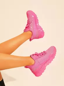 CUCCOO BASICS Rhinestone Decor Lace Up Front Sports Shoes Vacation Shoes Summer Sports Shoes Casual Shoes Tainers - Hot Pink - View 7