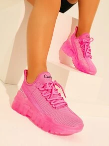 CUCCOO BASICS Rhinestone Decor Lace Up Front Sports Shoes Vacation Shoes Summer Sports Shoes Casual Shoes Tainers - Hot Pink - View 9