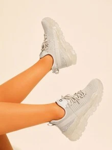 Knit Detail Lace-up Front Chunky Sole Trainers - Beige - View 1