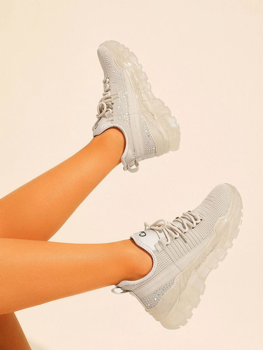 Knit Detail Lace-up Front Chunky Sole Trainers - Beige - View 1