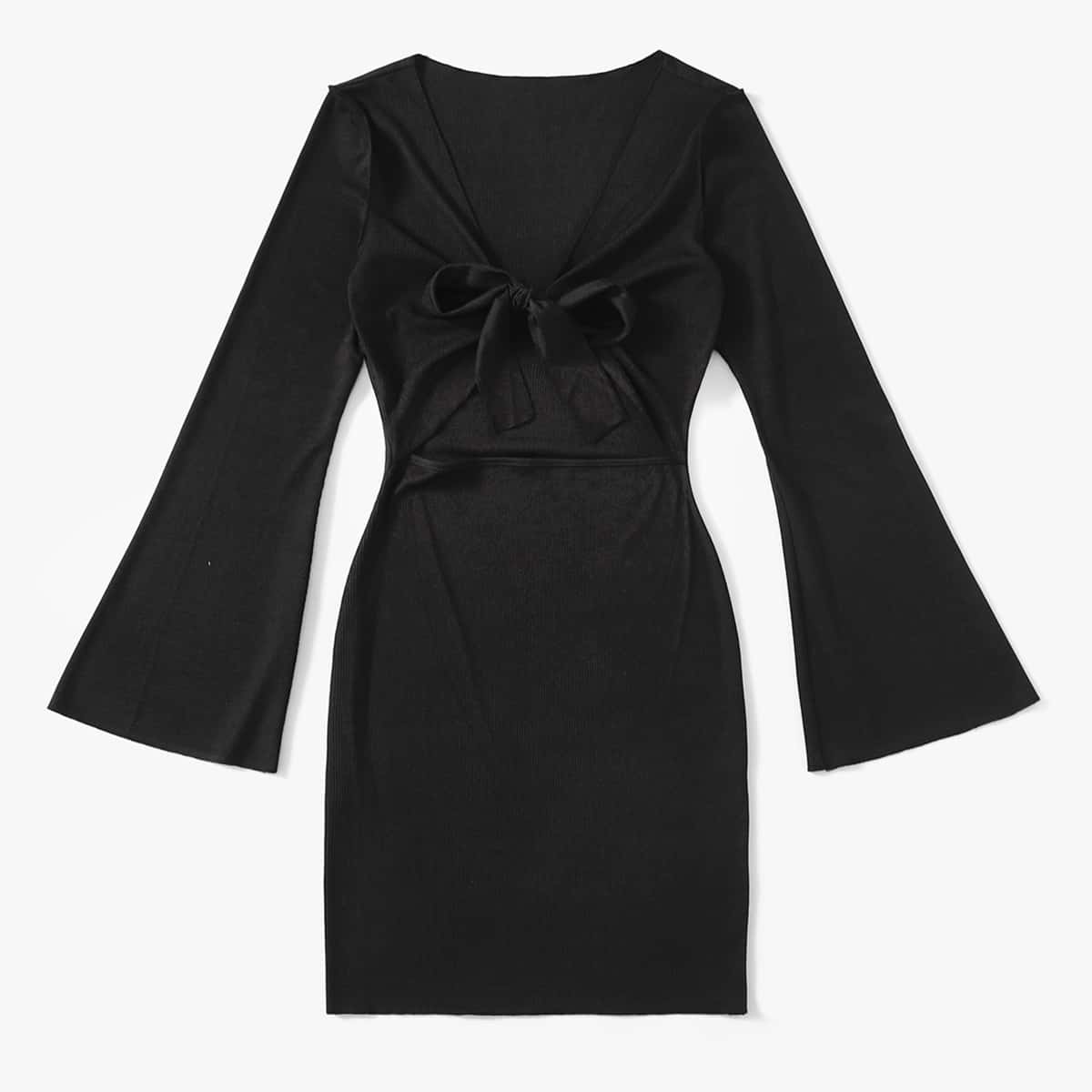 

Solid Cut Out Tie Front Dress, Black