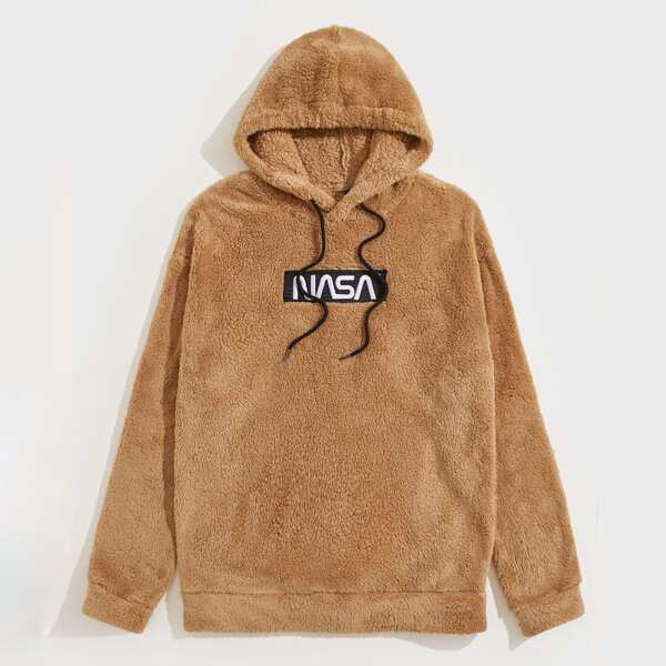 

Men Letter Embroidery Drawstring Teddy Hoodie, Camel