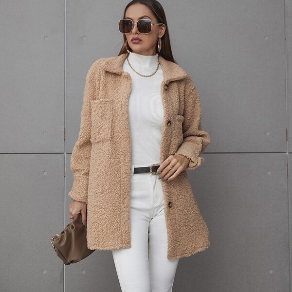 

Drop Shoulder Pocket Patched Teddy Coat, Camel