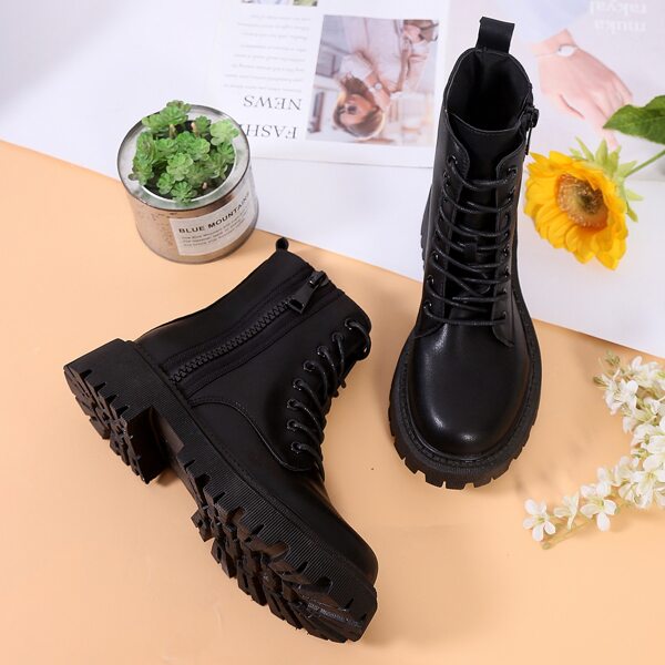 

Solid Zipper Decor Lace Up Front Combat Boots, Black