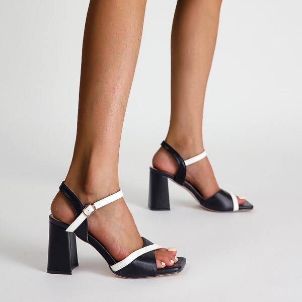 

Colorblock Chunky Ankle Strap Heeled Sandals, Black and white
