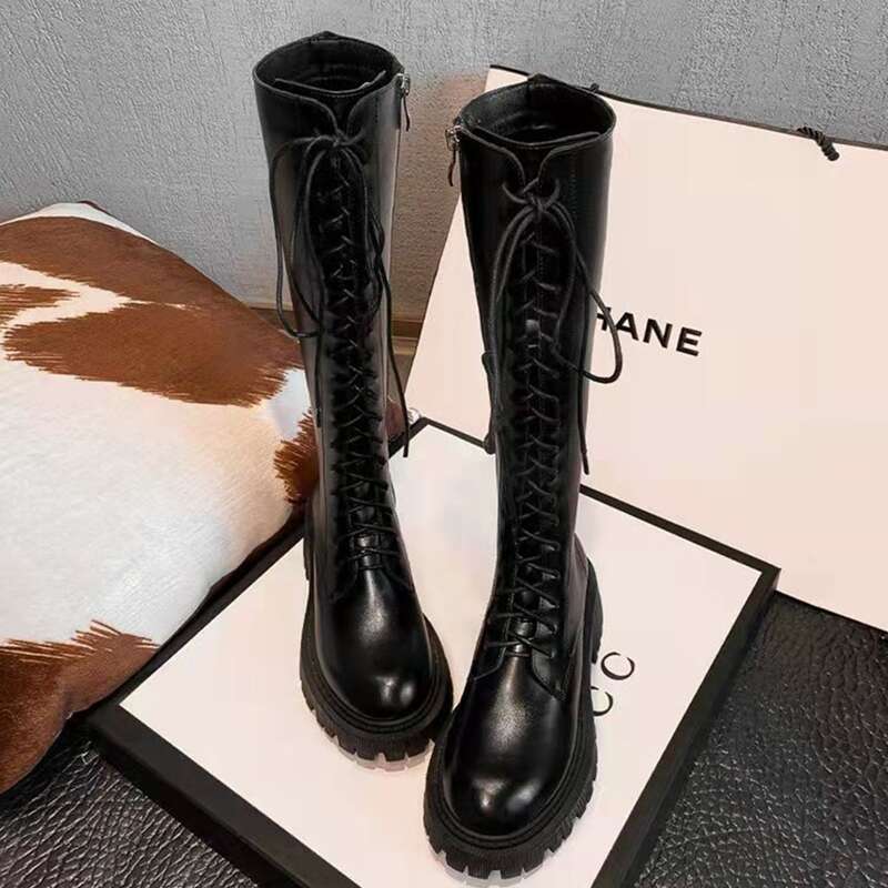 Lace Up Front Side Zip Boots, Black