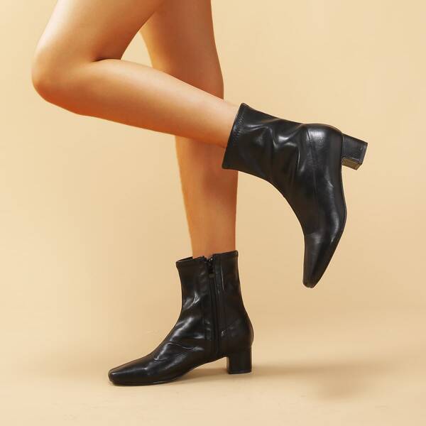 

Side Zipper Square Toe Classic Boots, Black