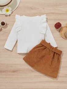 SHEIN Baby Girl Ruffle Trim Tee & Corduroy Belted Skirt - Multicolor - View 2