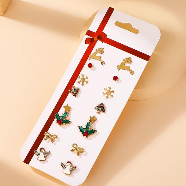 

8pairs Christmas Deer & Tree Decor Stud Earrings, Multicolor