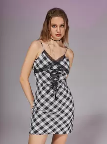 休閒蕾絲拼接 繫帶格子女士連衣裙 - 黑與白 - 查看 4