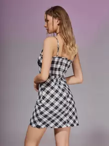 休閒蕾絲拼接 繫帶格子女士連衣裙 - 黑與白 - 查看 5