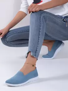 Resbalón en los planos del punto, zapatillas de deporte casuales de las mujeres del color sólido de los deportes azules - Azul - Ver 1