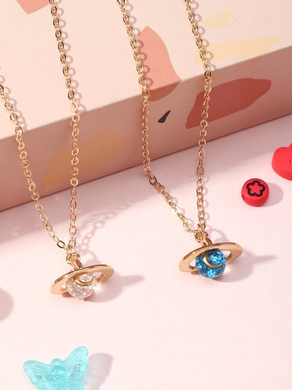 2pcs Girls Planet Pendant Necklace