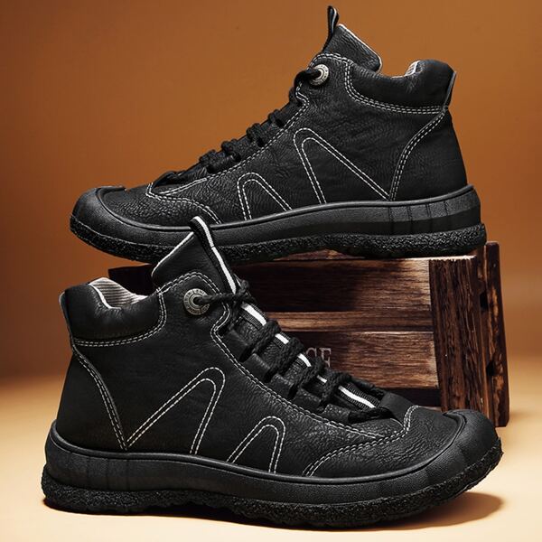 

Men Lace-up Front High Top Hiking Shoes, Black