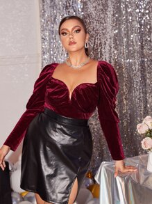 SHEIN Plus Gigot Sleeve Sweetheart Neck Velvet Top - Burgundy - View 3