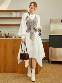 Modelyn 格纹灯笼袖不对称下摆系带二合一连衣裙