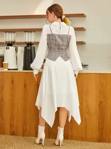 Modelyn 格纹灯笼袖不对称下摆系带二合一连衣裙