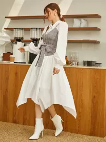 Modelyn 格纹灯笼袖不对称下摆系带二合一连衣裙