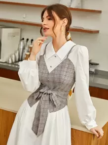 Modelyn 格纹灯笼袖不对称下摆系带二合一连衣裙