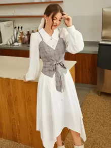 Modelyn 格纹灯笼袖不对称下摆系带二合一连衣裙