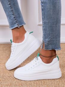Women White Patch Decor Lace-up Sneakers, Letter Round Toe Skate Shoes - White - View 4