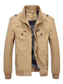Manfinity Hombres Cazadora con bolsillos oblicuos con diseño de cremallera - Caqui - Ver 1