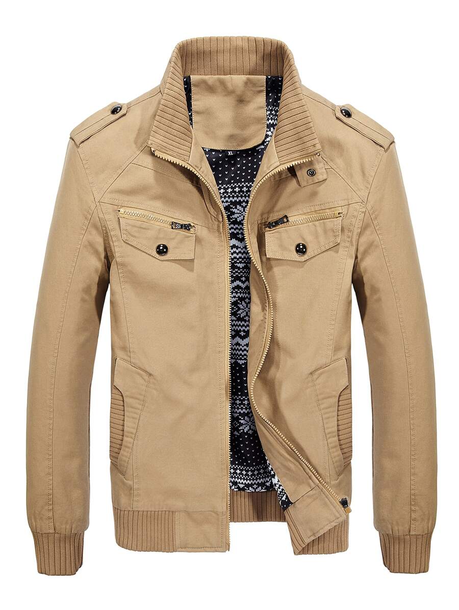 Manfinity Hombres Cazadora con bolsillos oblicuos con diseño de cremallera - Caqui - Ver 1