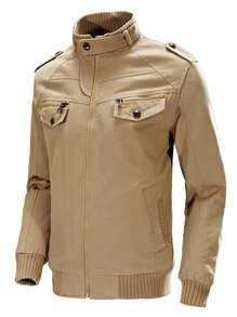 Manfinity Hombres Cazadora con bolsillos oblicuos con diseño de cremallera - Caqui - Ver 3