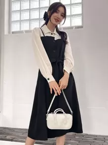 DAZY 二合一撞色腰帶襯衫連衣裙 - 黑與白 - 查看 1