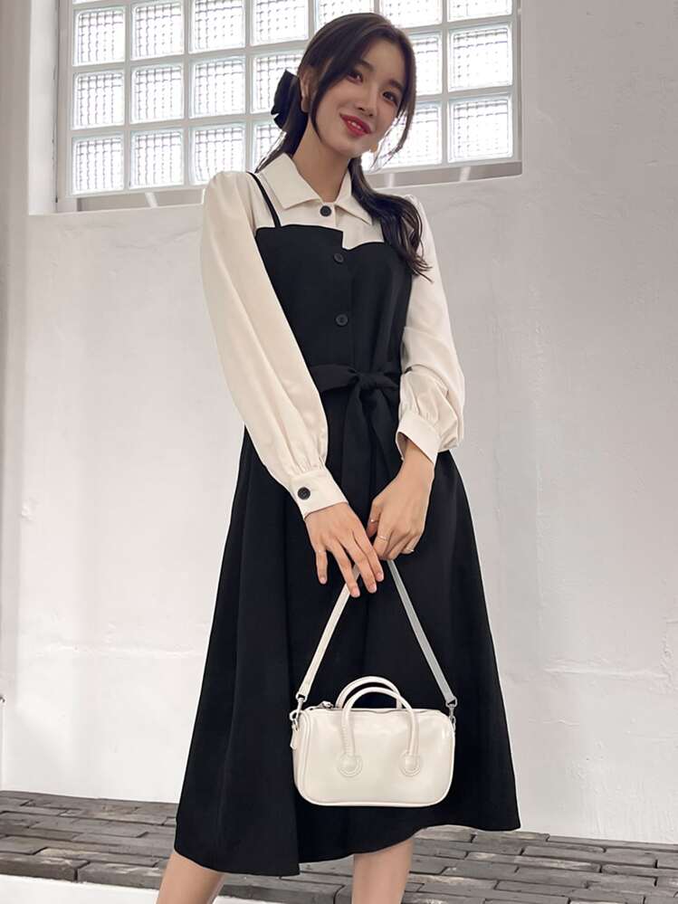 DAZY 2 In 1 Colorblock Belted Shirt Dress,Fall Clothes Long Sleeve Dress - Black and White - View 1