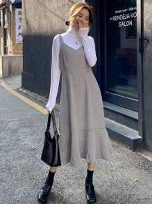 DAZY 1pc Houndstooth Print Ruffle Hem Pinafore Dress - Black and White - View 1