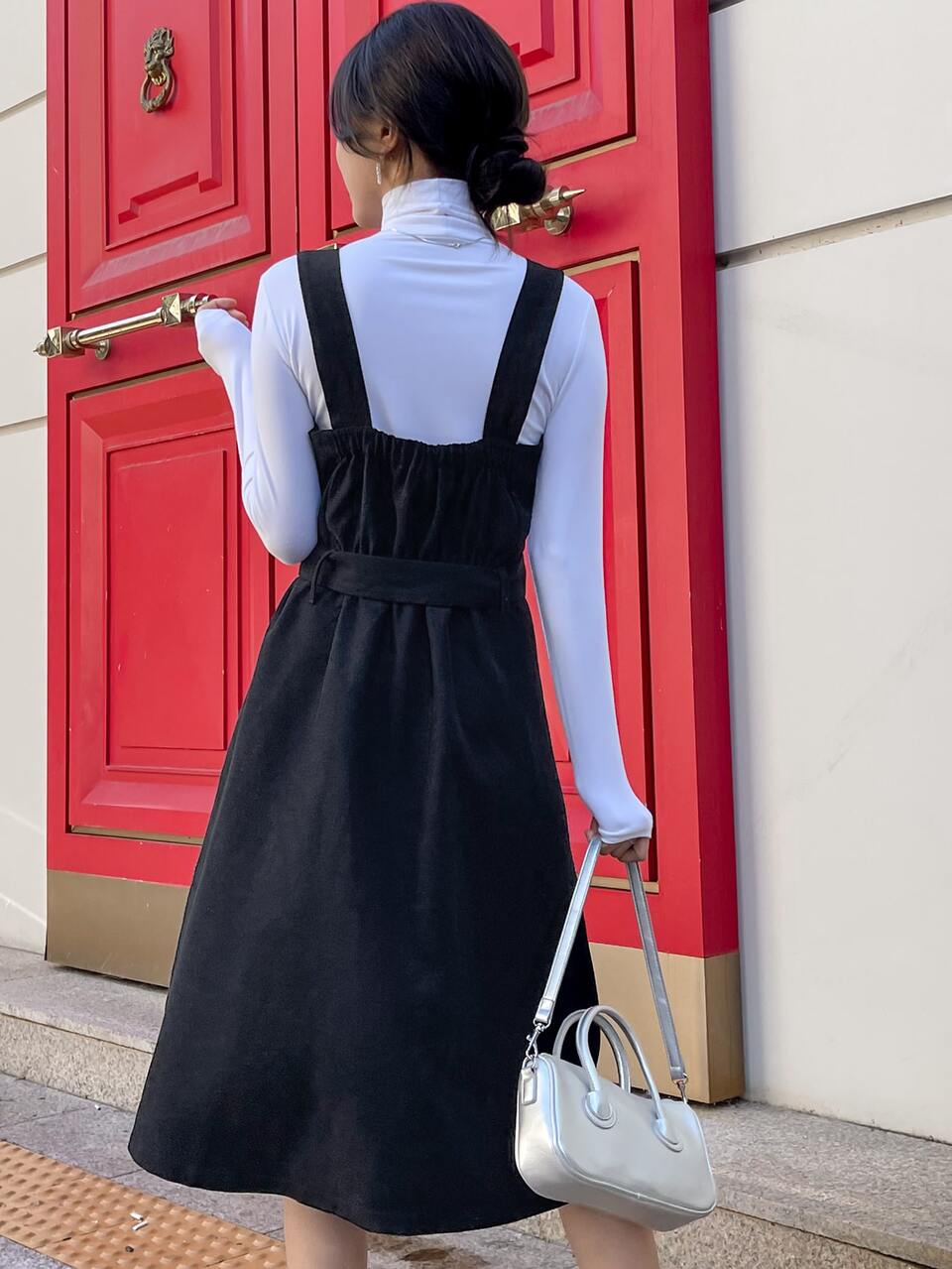 1pc Lace Panel Belted Overall Dress