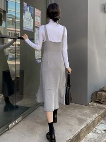 DAZY 1pc Houndstooth Print Ruffle Hem Pinafore Dress - Black and White - View 2